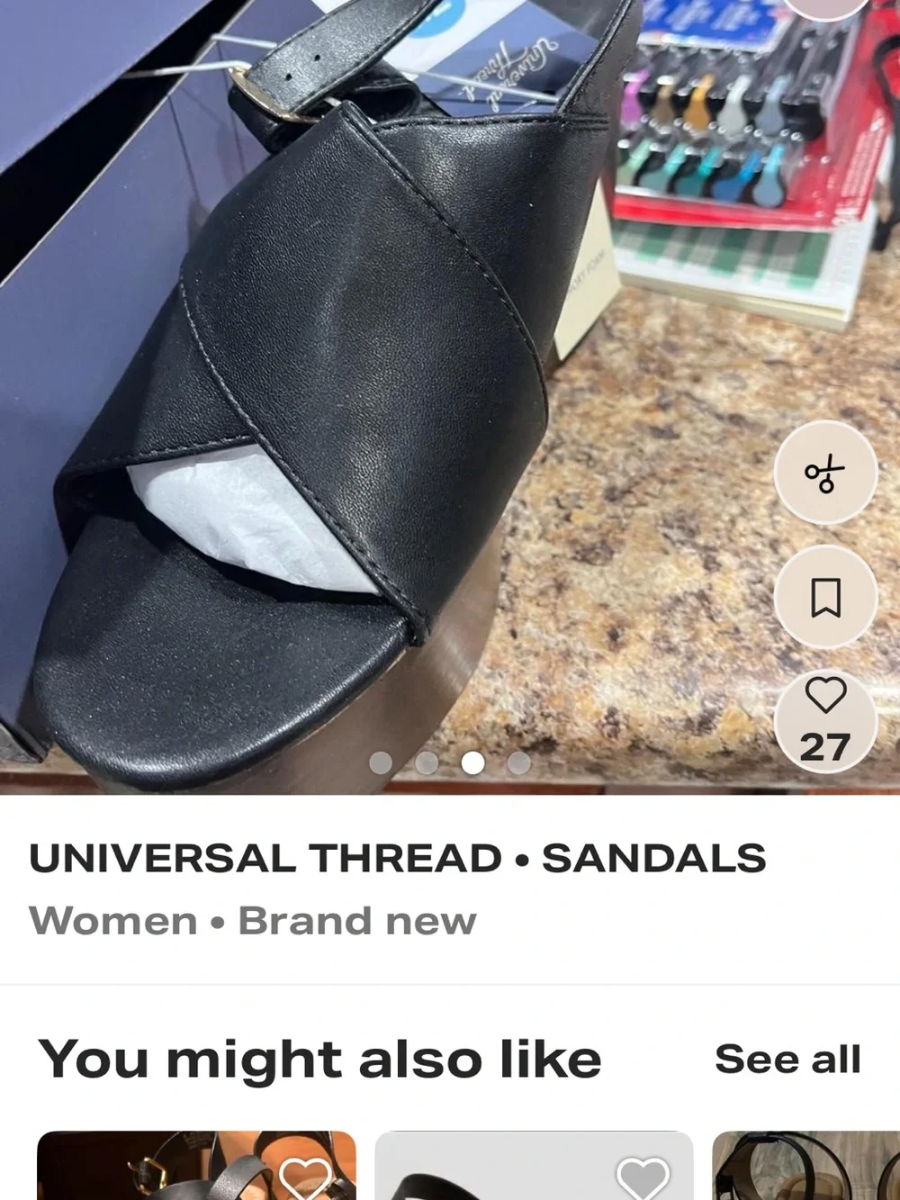 Black Platform Wedge Sandals with Brown Wood-Effect Sole